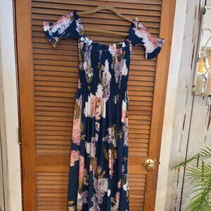 Navy blue off the shoulder floral maxi dress